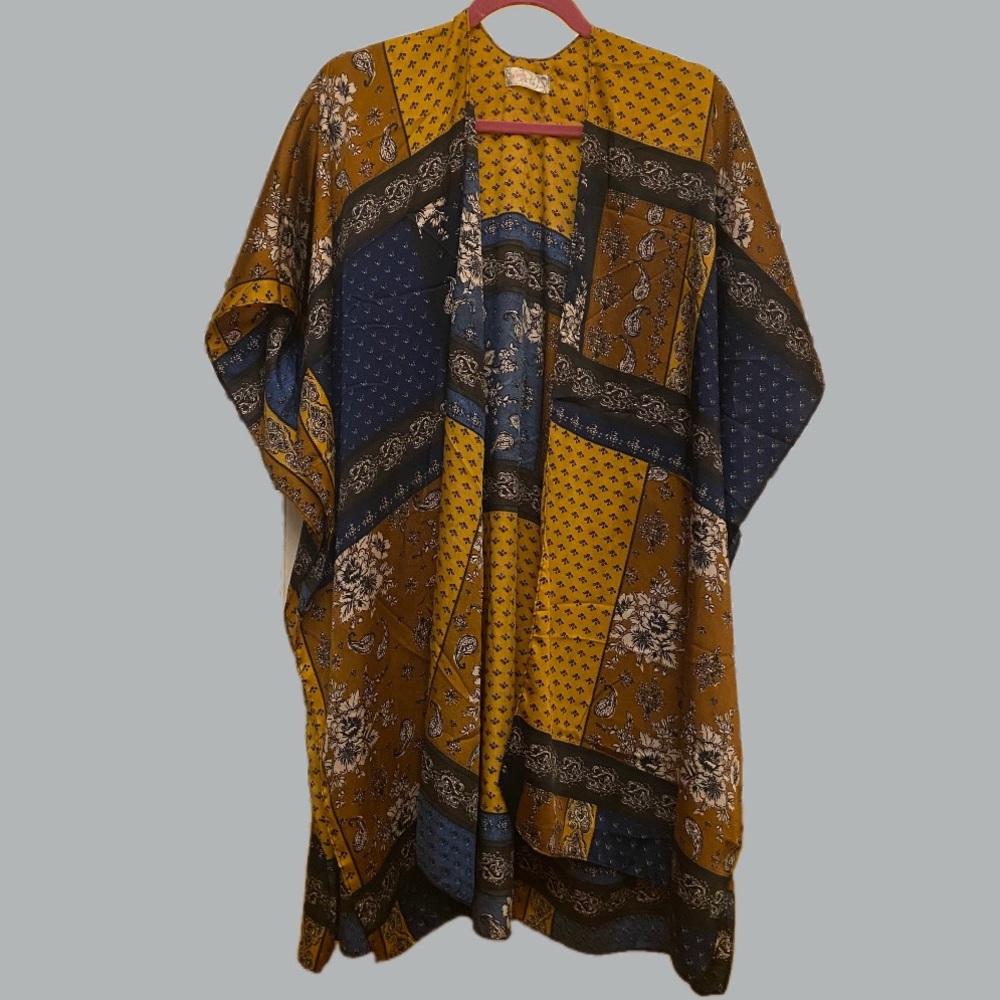 Free People Gold and Blue Mon Cheri Satin Floral Kimono, One Size